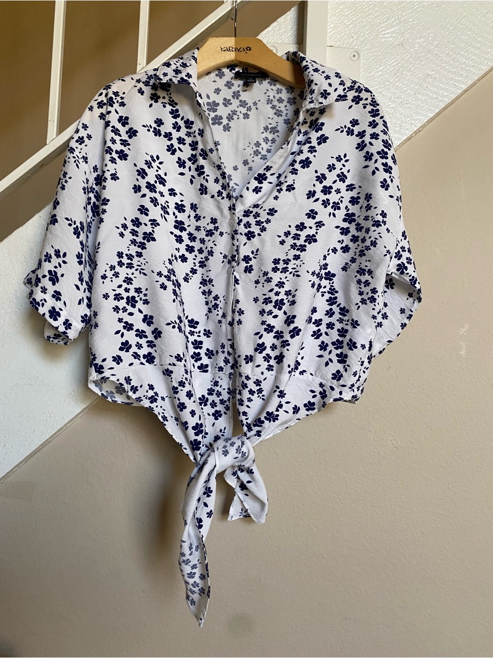 Tied Hem Navy Floral Button-Up Short Sleeve Top
